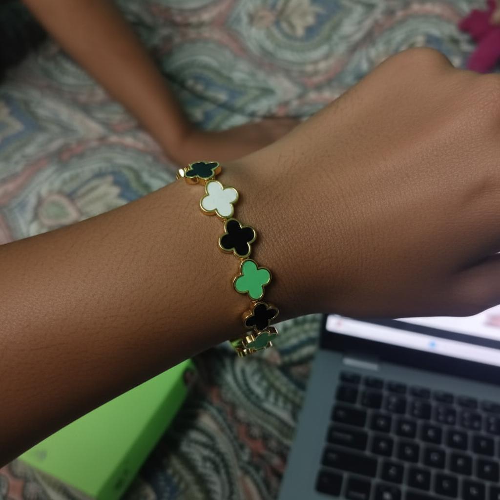 Gold Black & Green Clover Enamel Bangle Bracelet for Women | Anti Tarnish