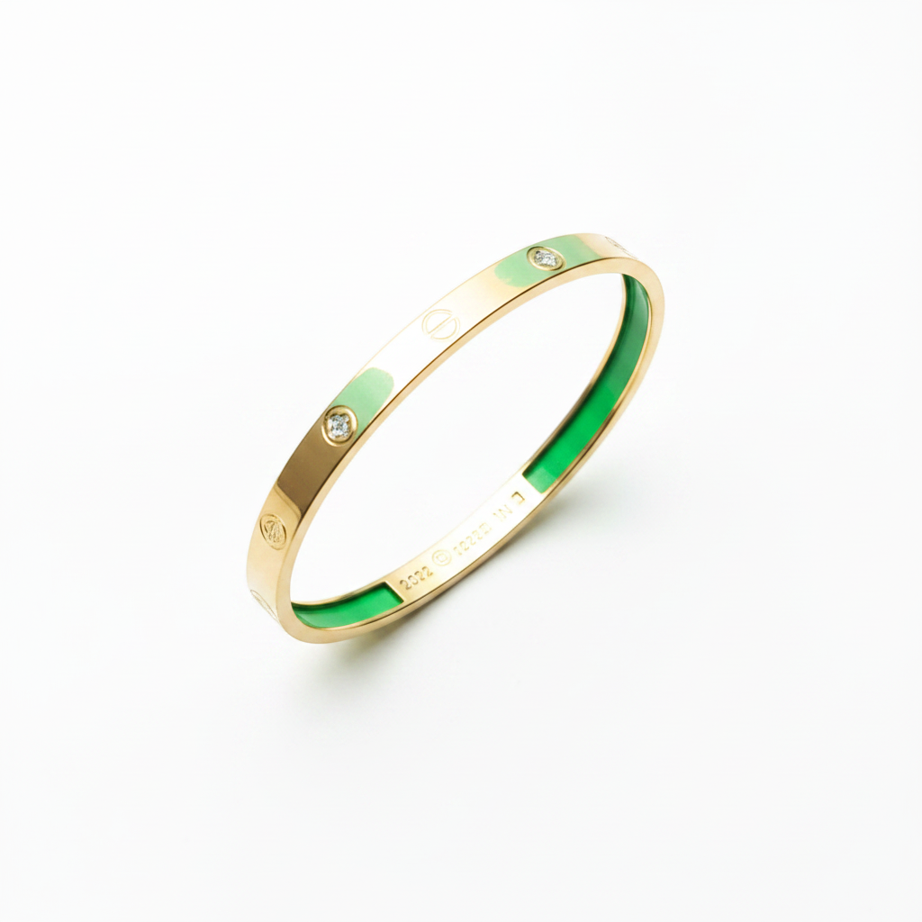 Gold & Green Enamel Engraved Cuff Bangle for Women | Anti Tarnish