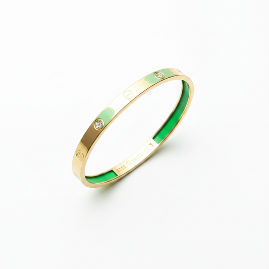 Gold & Green Enamel Engraved Cuff Bangle for Women | Anti Tarnish