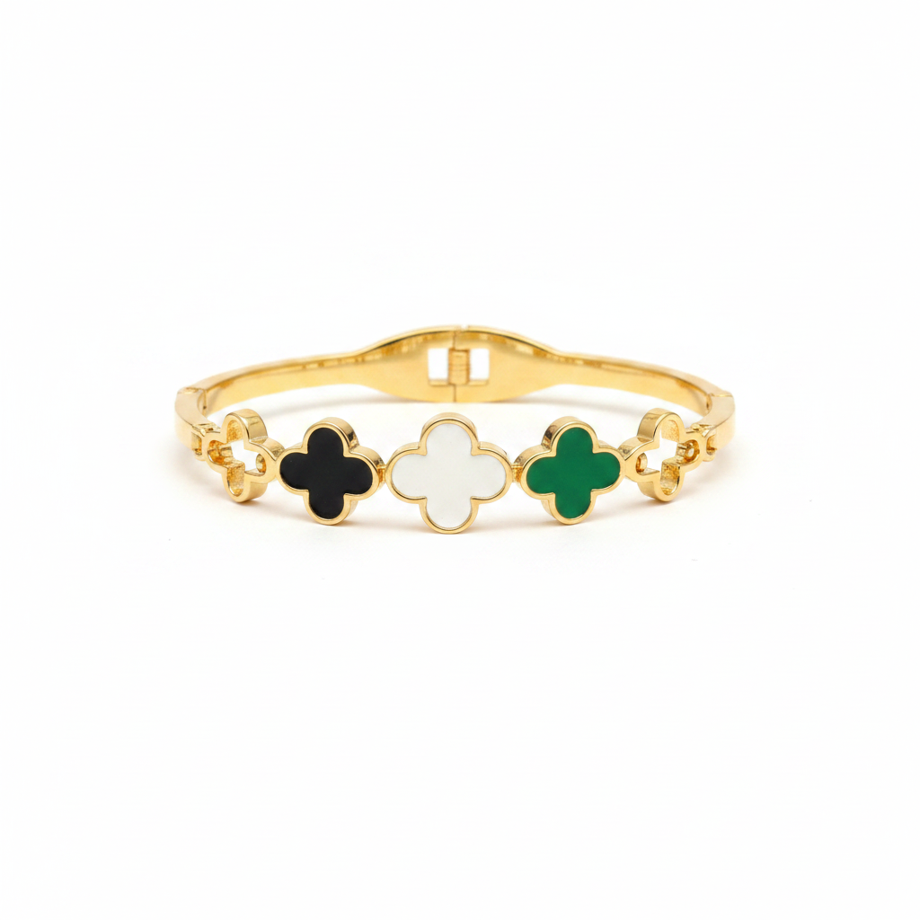 Gold Black & Green Clover Enamel Bangle Bracelet for Women | Anti Tarnish