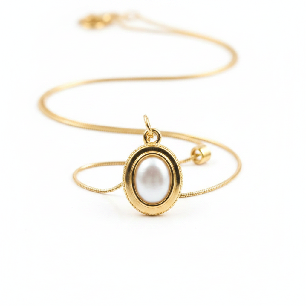 Gold Oval Pearl Pendant Necklace for Women | Anti Tarnish | Shine Sparkle Stronger