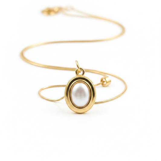 Gold Oval Pearl Pendant Necklace for Women | Anti Tarnish | Shine Sparkle Stronger