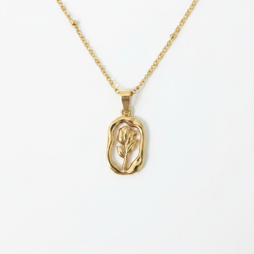 Gold Oval Tulip Floral Pendant Necklace for Women | Anti Tarnish
