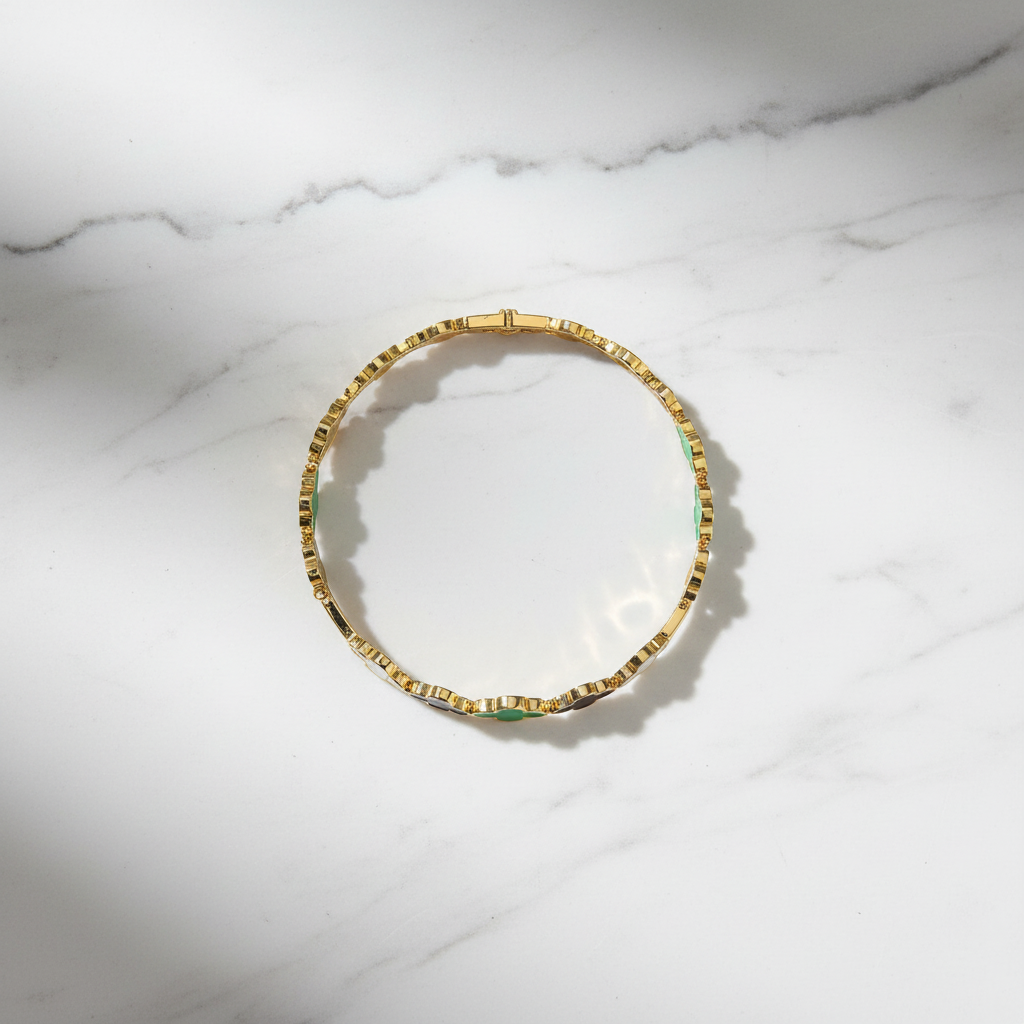 Gold Black & Green Clover Enamel Bangle Bracelet for Women | Anti Tarnish