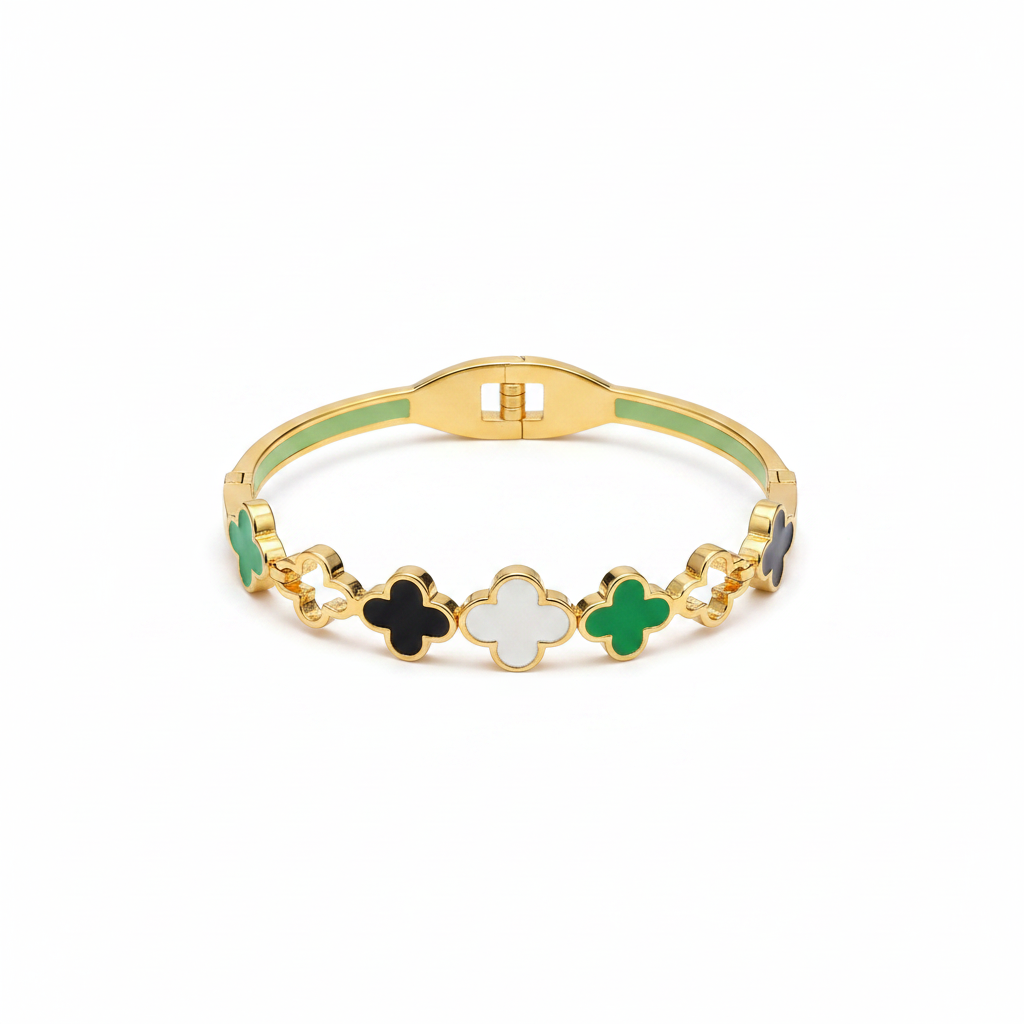 Gold Black & Green Clover Enamel Bangle Bracelet for Women | Anti Tarnish