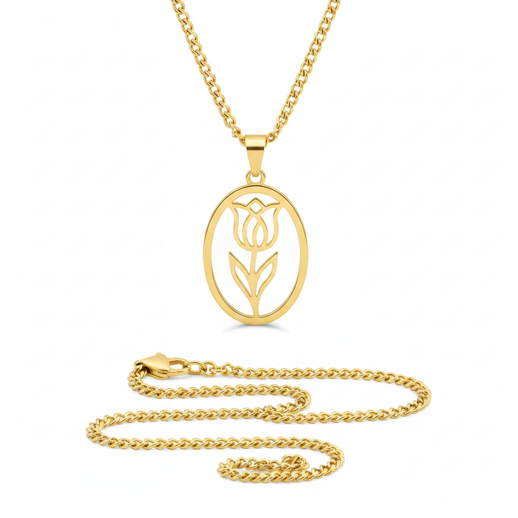 Gold Oval Tulip Floral Pendant Necklace for Women | Anti Tarnish