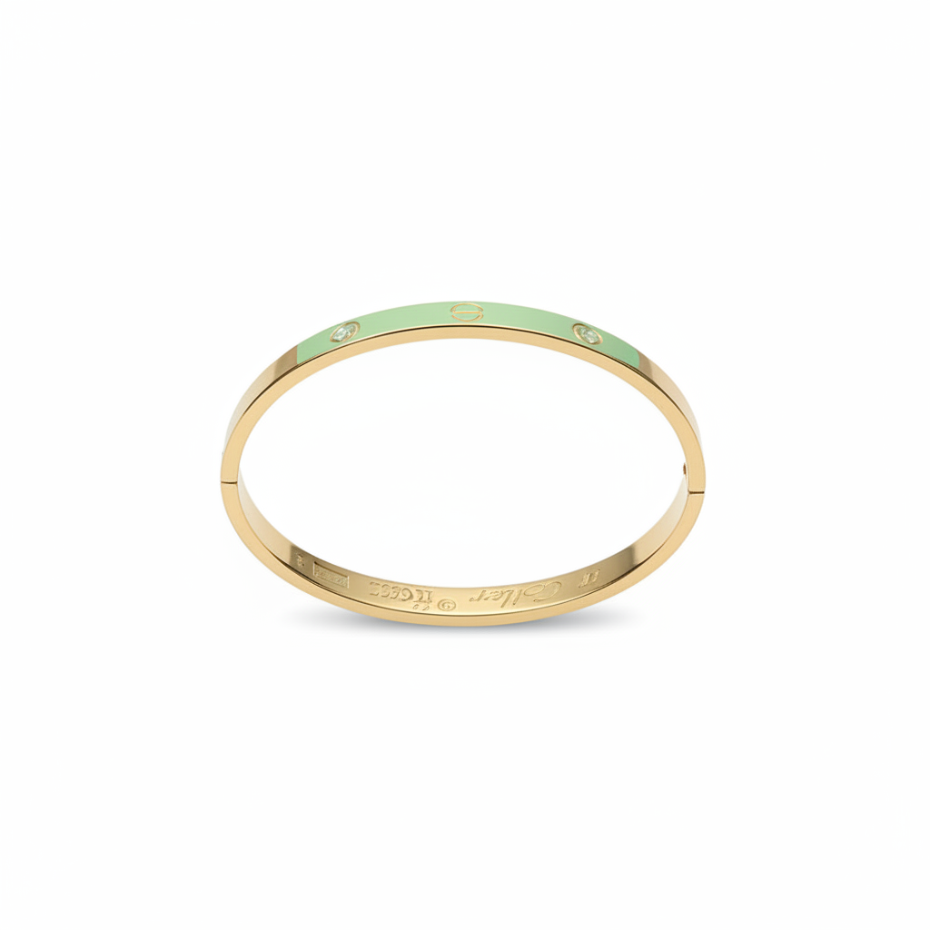 Gold & Green Enamel Engraved Cuff Bangle for Women | Anti Tarnish