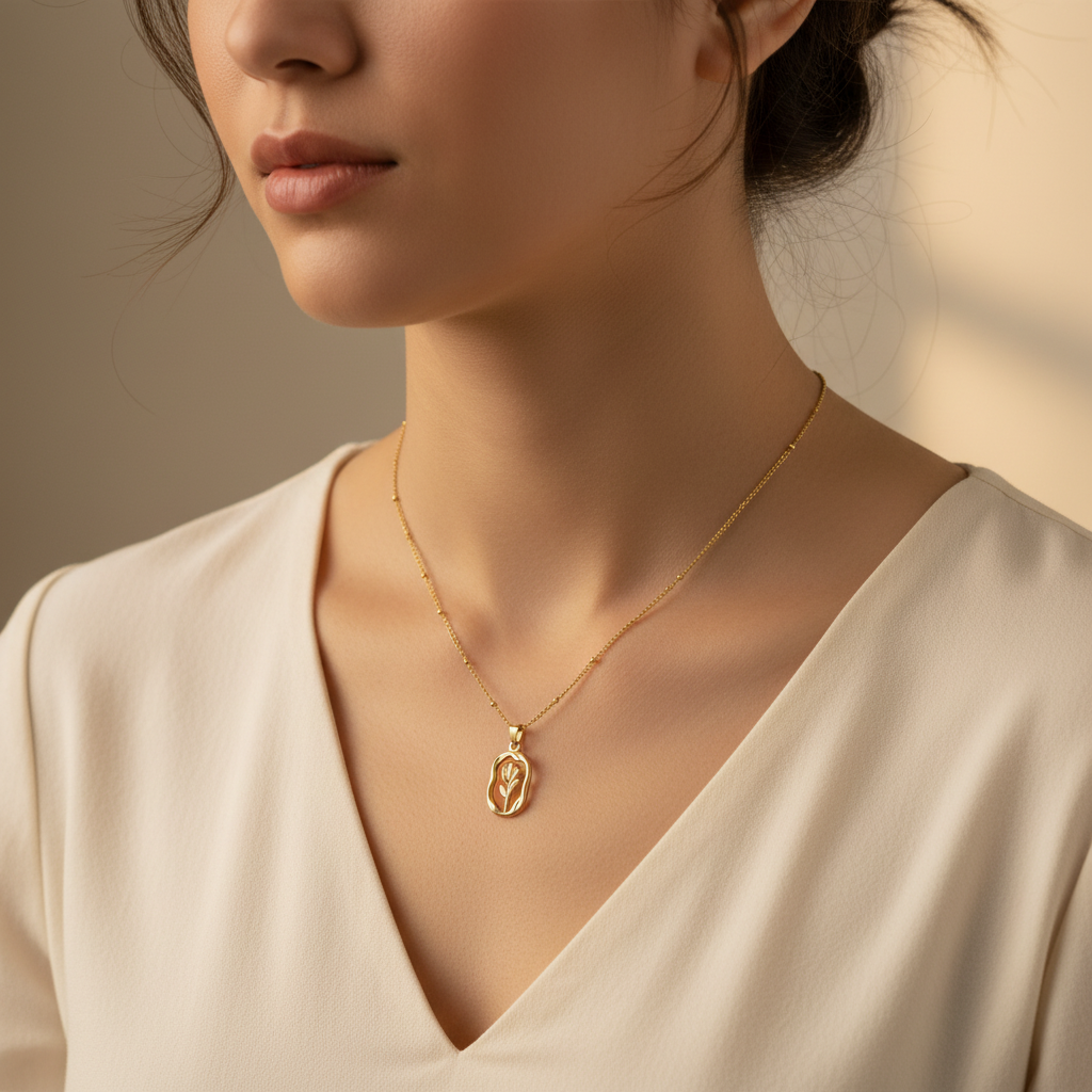 Gold Oval Tulip Floral Pendant Necklace for Women | Anti Tarnish
