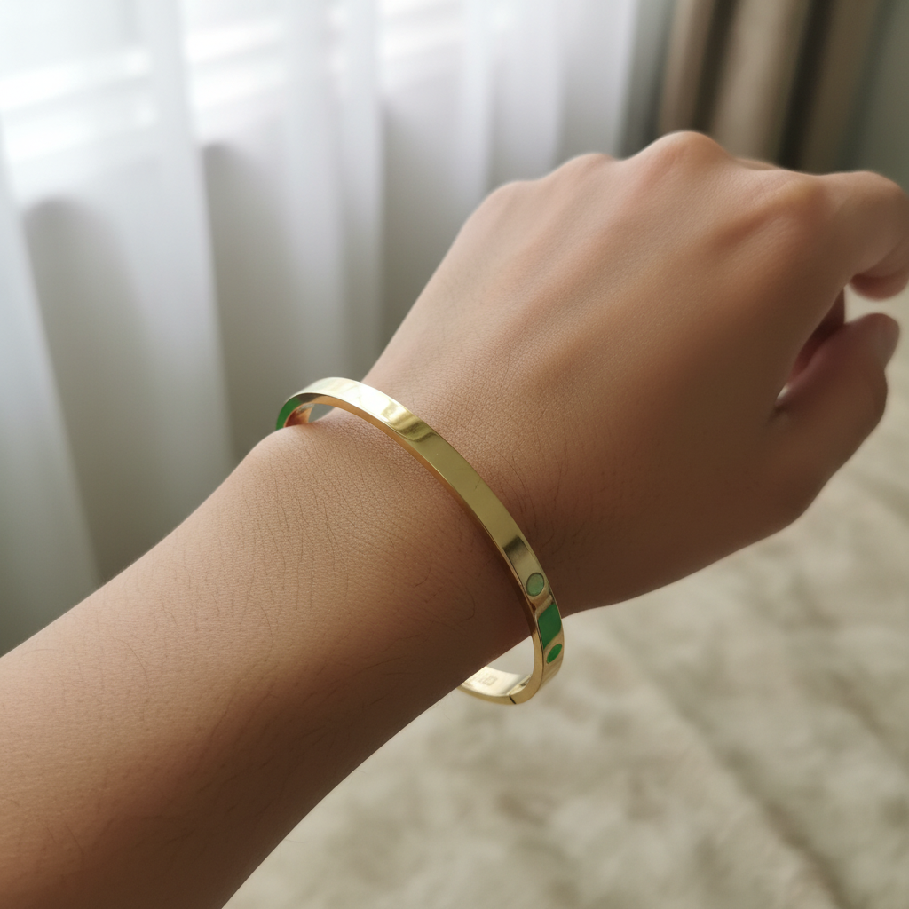 Gold & Green Enamel Engraved Cuff Bangle for Women | Anti Tarnish